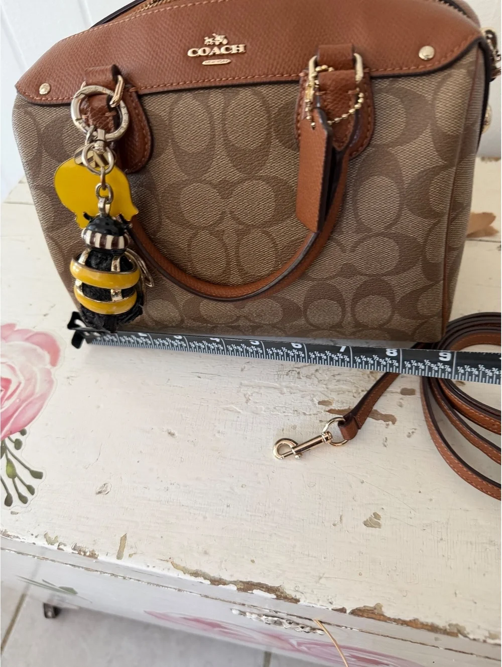 Coach Signature Canvas and Leather Satchel Handbag with Strap, no charms